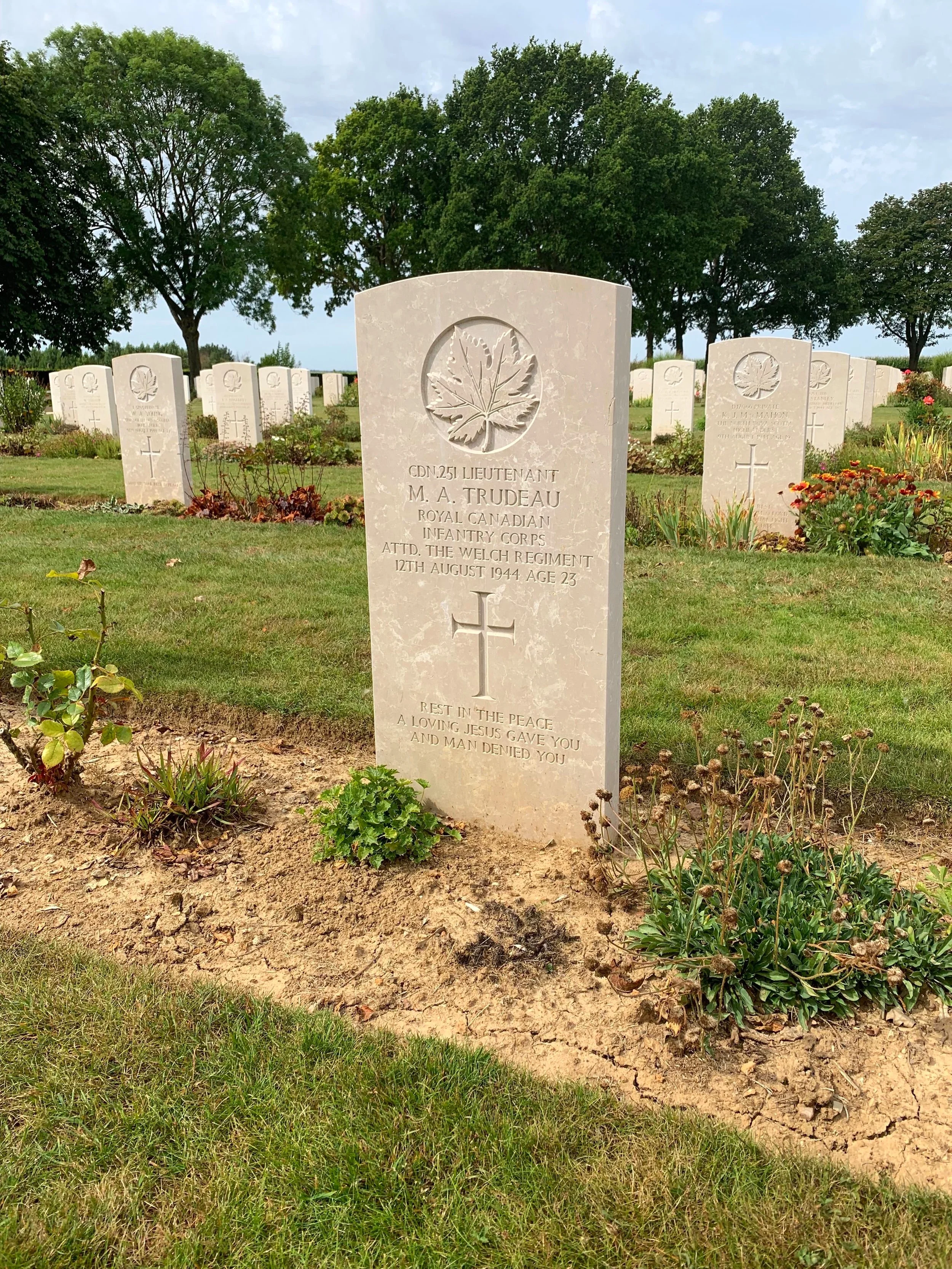 Lieutenant Maurice Trudeau was one of 75 Canadian officers killed in Normandy while on loan to the British Army. The epitaph on his headstone reads “Rest in the peace a loving Jesus gave you and man denied you.”Courtesy of Jen Sguigna and the Juno B…