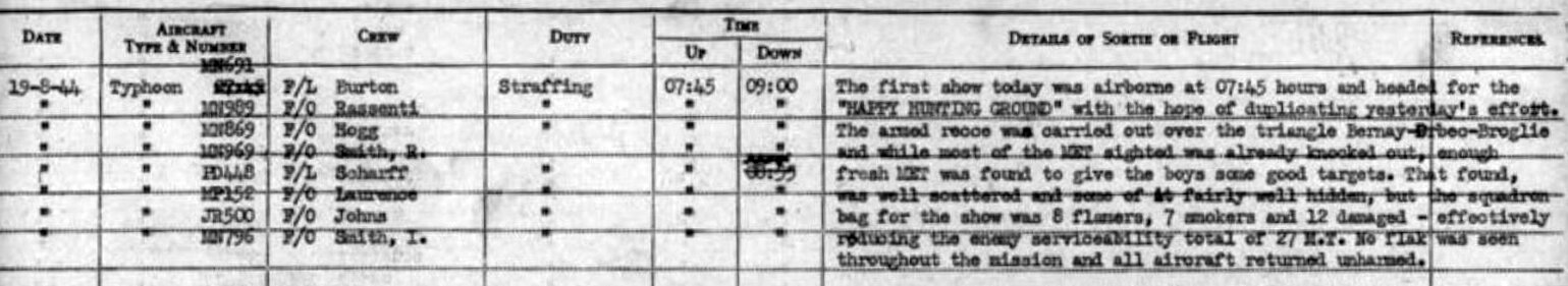 Fig. 5: Extract from 439 Squadron ORB for the 19th August, 1944.