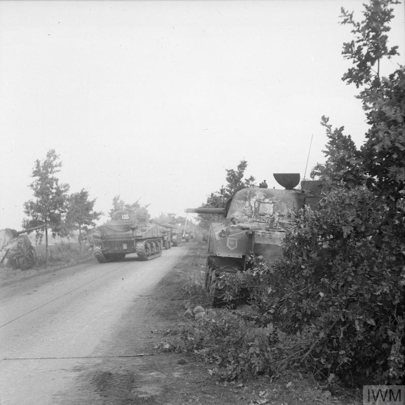 Sherman tanks of the Irish Guards Group advance past others which were knocked out earlier during Operation 'Market-Garden', 17 September 1944.