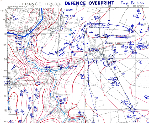 Official overprint for Operation Spring showing all the known German positions along Verrières Ridge Ridge. You can buy a copy of this map here: Operation Spring Defensive Overprint