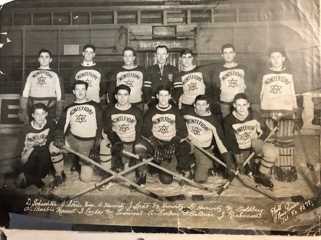 Jewish hockey team the Montefiores: Moe is to the right of the coach. Brothers Archie, George and Max and cousin Morris Diamond as noted under the pic all played hockey together.