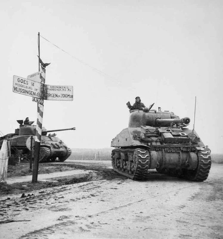 Sherman tanks on the way to Bergen Op Zoom
