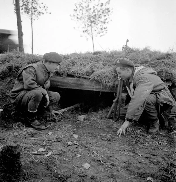 Sergeants M.J. Gendron and R.L. O'Hara of the Royal Canadian Corps of Signals (R.C.C.S.), 2nd Canadian Infantry Division, examining a concealed German anti-tank gun position on the Beveland Causeway