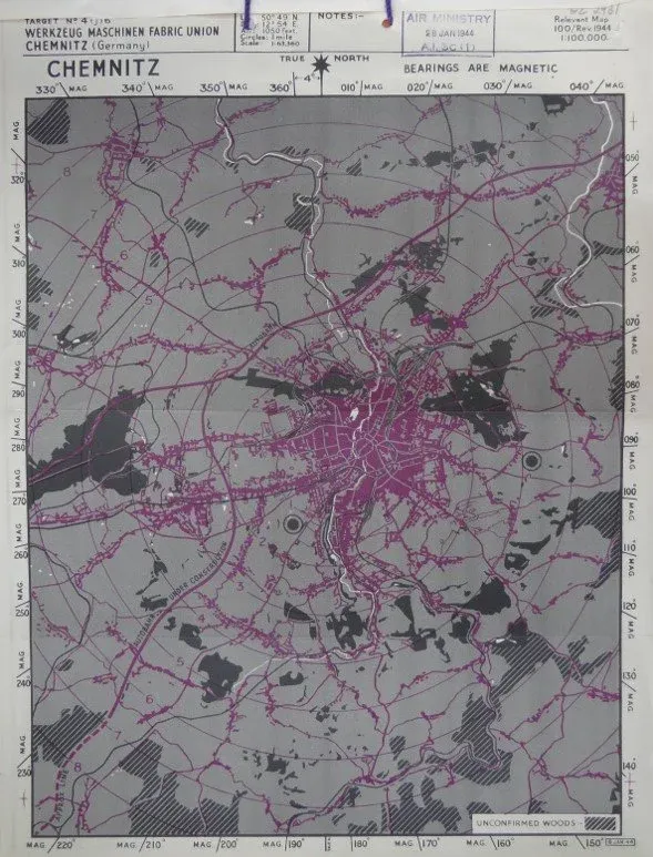 Map of Chemnitz showing industrial areas targeted in the March 1945 raid