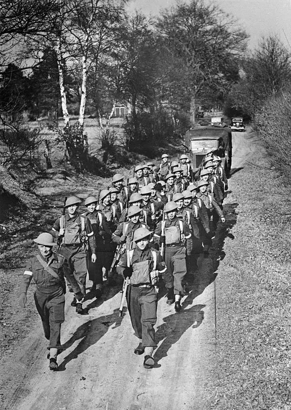 Soldiers on a route march, No. 31 Canadian Army Basic Training Centre, Cornwall, Ontario, 1941
