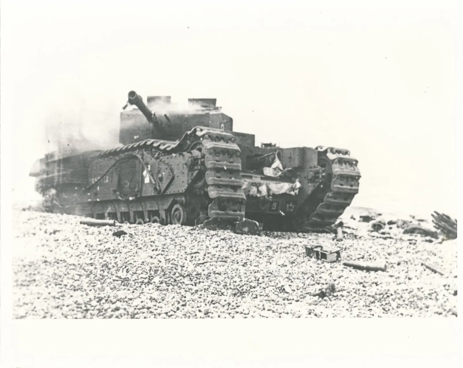 Disabled Churchill tank on Dieppe beach