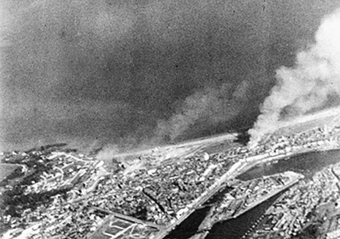 Aerial photograph of Dieppe during the landings showing a substantial fire burning on the front