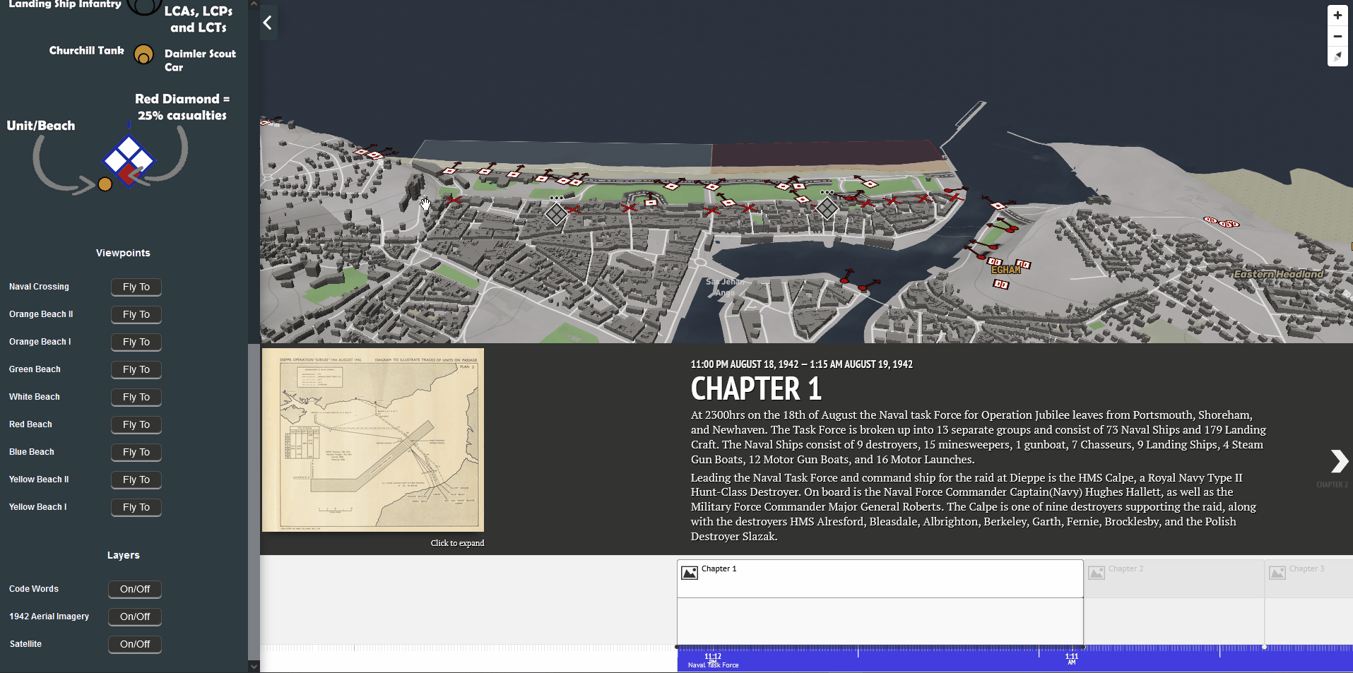 Animated demonstration of the Dieppe web map timeline chapters