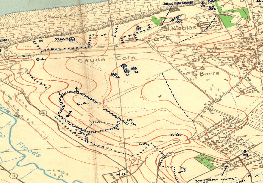Animated comparison of 1942 defensive overprint near les 4 vents vs modern satellite imagery