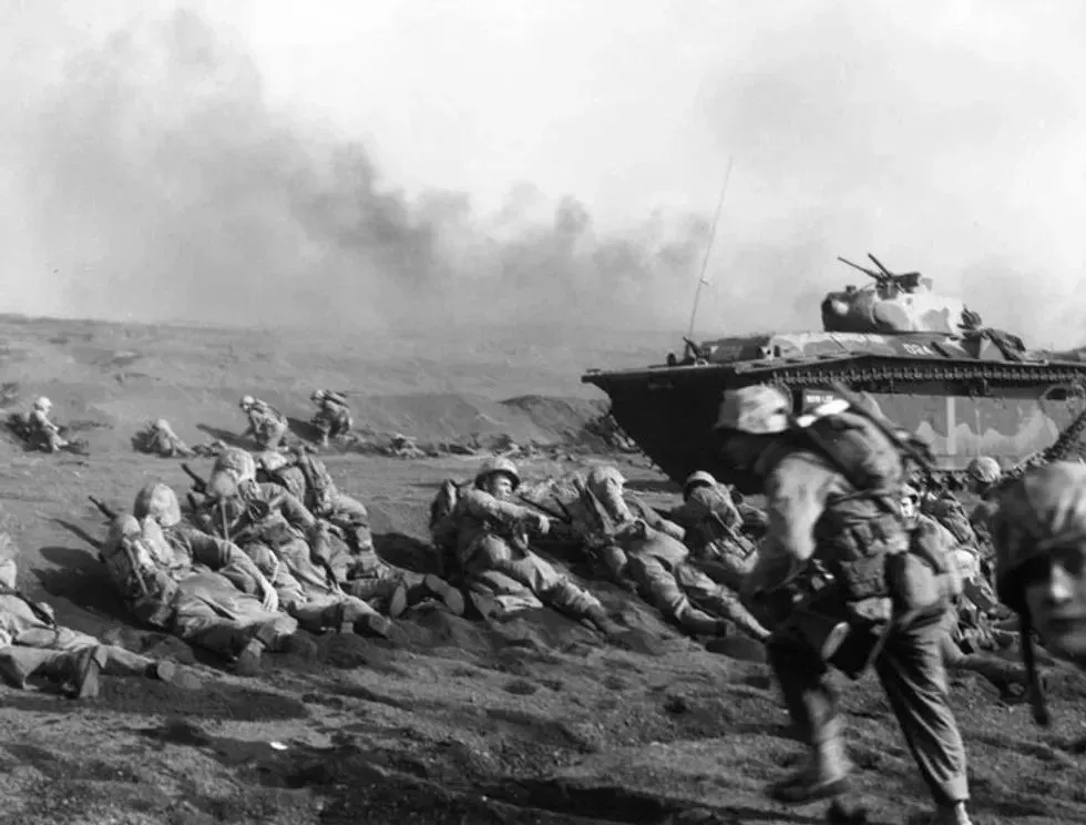 Marines with an LVT(A)-5 amphibious vehicle at Iwo Jima, 1945
