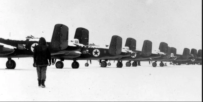 B-25 Mitchell bomber with USSR markings — a Lend-Lease aircraft being ferried to the Soviet Union via the Northwest Staging Route