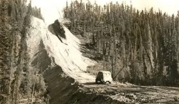Roadwork reducing the grade by 22 feet on the Alaska Highway