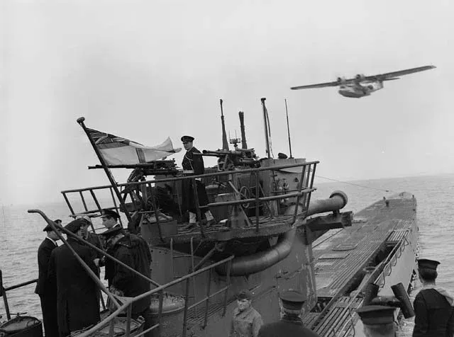 Surrender of the German submarine U-889 — the aircraft is a Consolidated Canso A flying boat of No. 161 Squadron