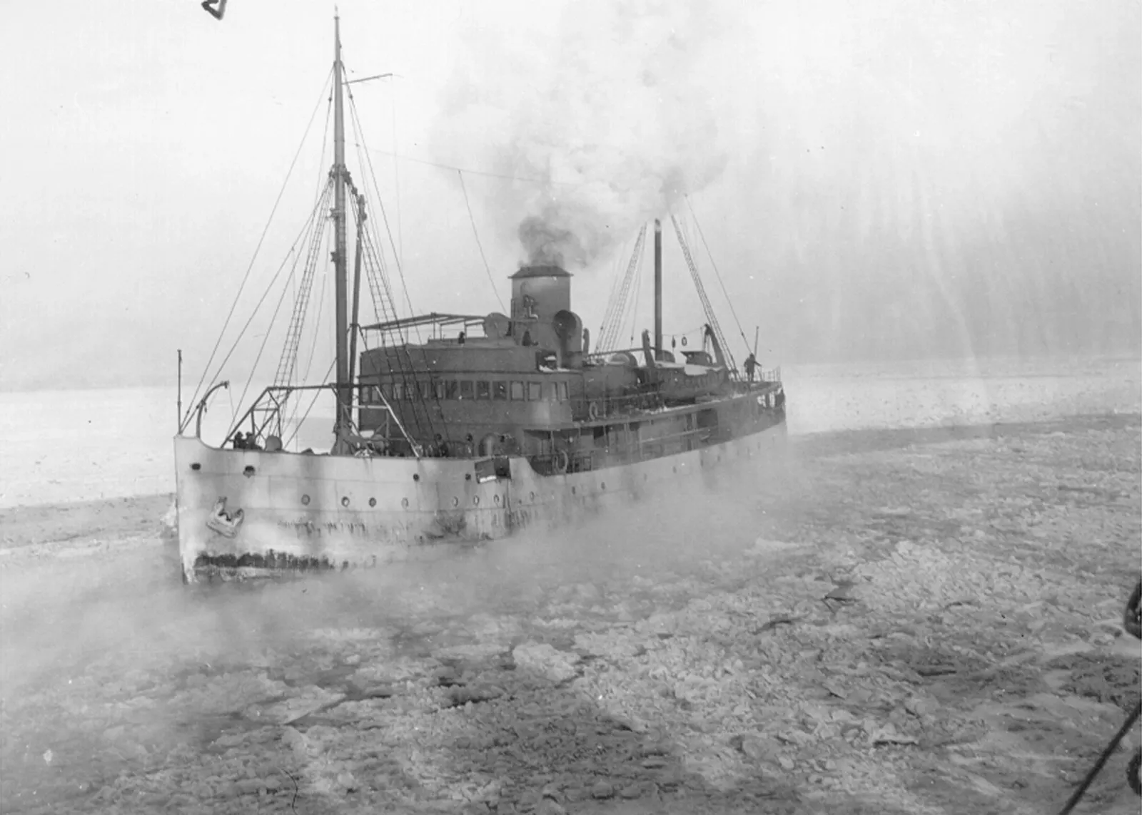 Department of Transport Icebreaker CGS Earnest LaPointe underway in the St. Lawrence River at Quebec City, December 1943