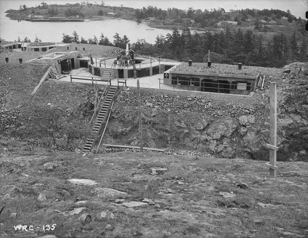 No. 1 six-inch gun at Mary Hill Battery overlooking William Head Quarantine Station — a coastal defence gun installation