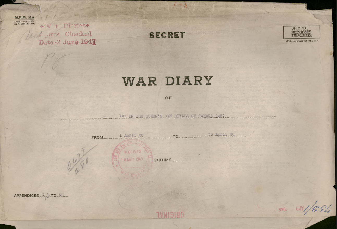 War diary cover, Queen's Own Rifles of Canada, April 1945
