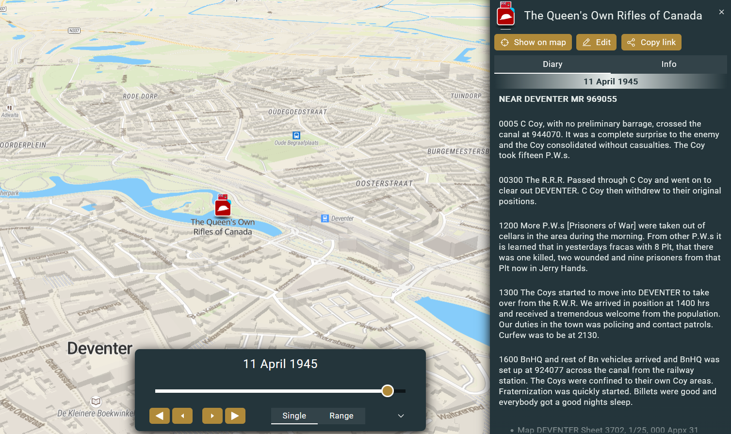 Queen's Own Rifles positions, Deventer, April 10-11, 1945, Project '44 map
