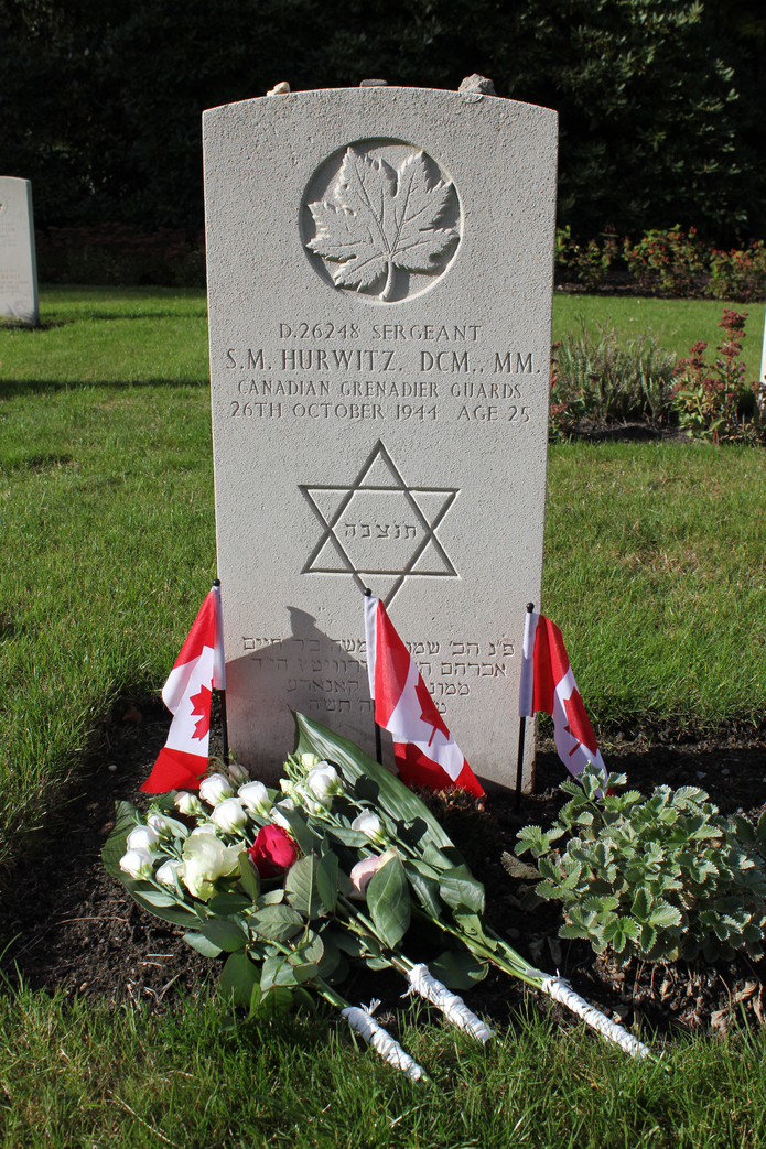 Sgt. Moe Hurwitz's headstone at Bergen-op-Zoom Canadian War Cemetery, Netherlands — marked with the Star of David.