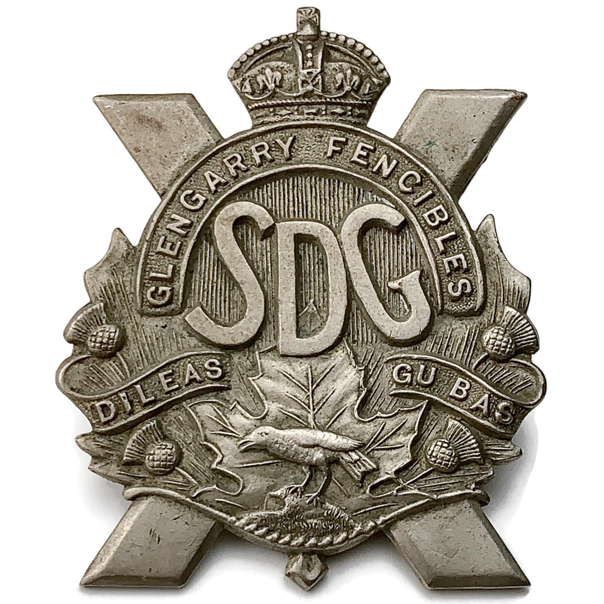 Cap badge of the Stormont, Dundas and Glengarry Highlanders — "the Glens" — raised in Cornwall, Ontario in 1868.